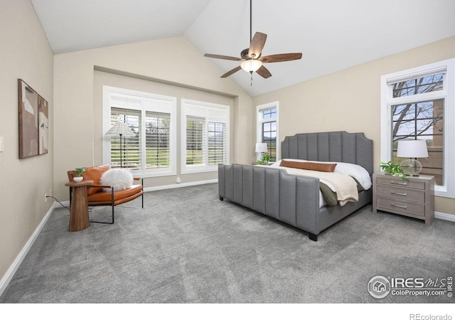 895 Owl Grove Pl, Loveland, CO 80537 - bedroom featuring lofted ceiling, baseboards, carpet, and ceiling fan
