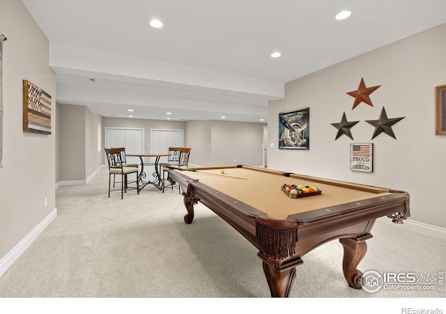 895 Owl Grove Pl, Loveland, CO 80537 - recreation room featuring baseboards, carpet, recessed lighting, and billiards