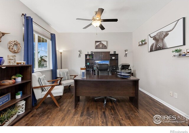 4737 Sandy Ridge Ave, Firestone, CO 80504 - office featuring baseboards, wood finished floors, and ceiling fan