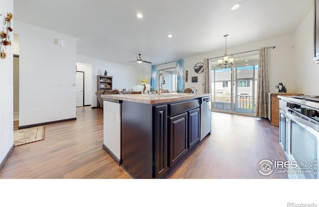 2842 Tallgrass Ln, Berthoud, CO 80513 - kitchen with a sink, wood finished floors, ceiling fan with notable chandelier, open floor plan, and appliances with stainless steel finishes