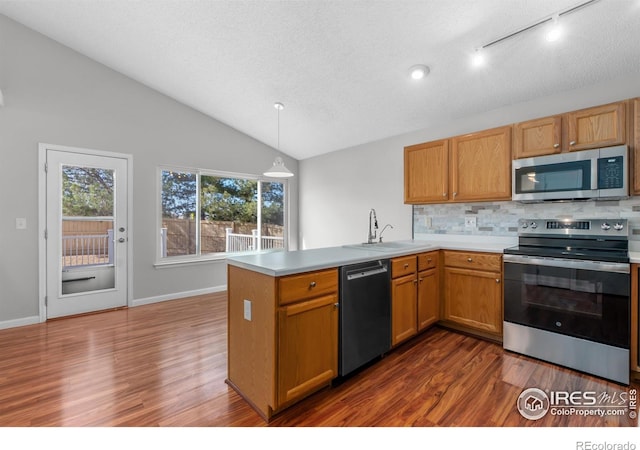 20336 Willowbend Ln, Parker, CO 80138 - kitchen with stainless steel appliances, dark wood finished floors, tasteful backsplash, a peninsula, and vaulted ceiling