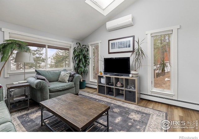 74 Sky Trail Rd, Boulder, CO 80302 - living room with a wall unit AC, a skylight, a baseboard radiator, lofted ceiling, and wood finished floors