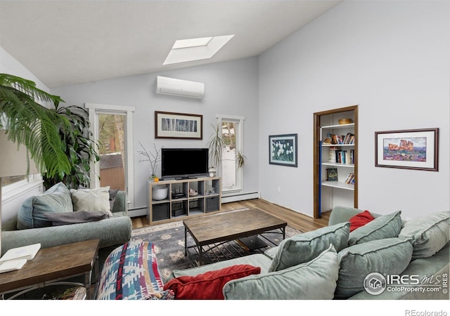 74 Sky Trail Rd, Boulder, CO 80302 - living room featuring a baseboard radiator, a wall mounted air conditioner, vaulted ceiling, a skylight, and wood finished floors