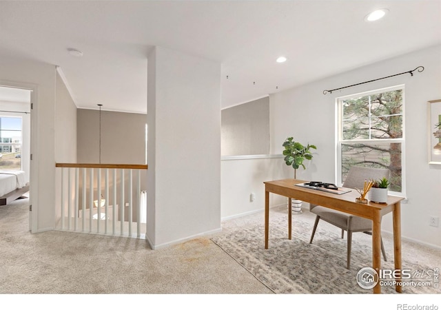 carpeted home office with baseboards, a wealth of natural light, and recessed lighting