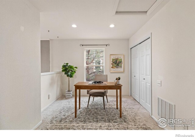 carpeted home office featuring attic access, visible vents, baseboards, and recessed lighting