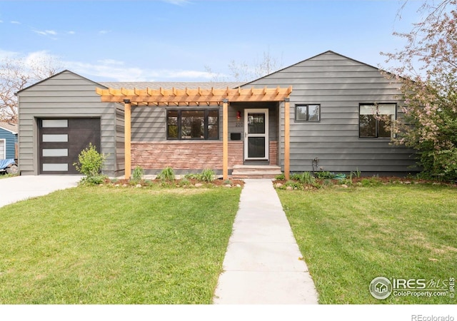 220 28th St, Boulder, CO 80305 - view of front facade with an attached garage, driveway, a pergola, and a front yard