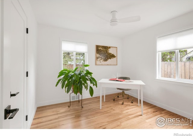 220 28th St, Boulder, CO 80305 - office area featuring baseboards, ceiling fan, a wealth of natural light, and wood finished floors