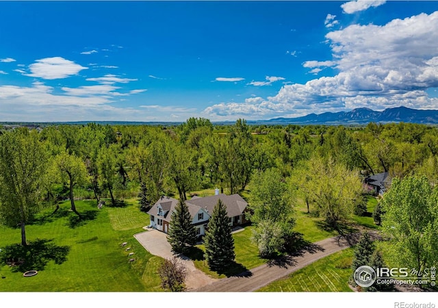 aerial view with a view of trees and a mountain view