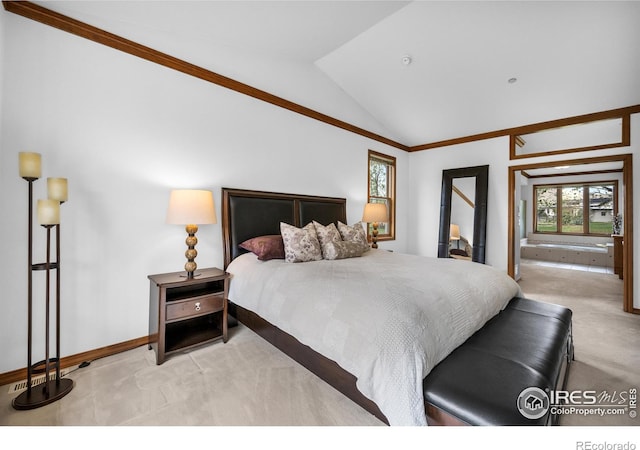 bedroom with baseboards, carpet, lofted ceiling, and multiple windows