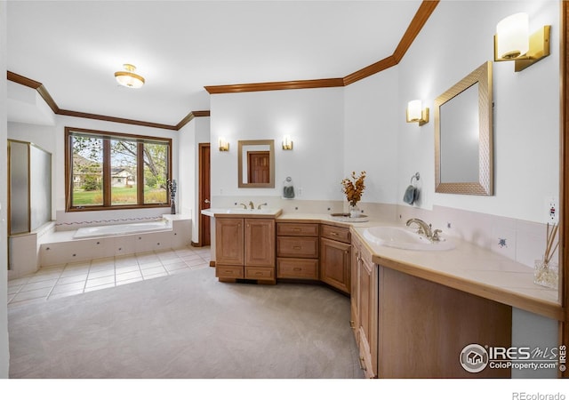 bathroom with crown molding, double vanity, and a sink