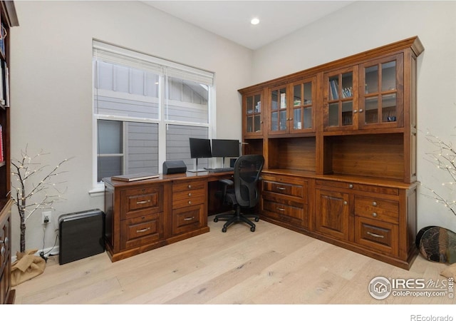 3351 Heron Lakes Pkwy, Berthoud, CO 80513 - home office featuring light wood-style floors and recessed lighting
