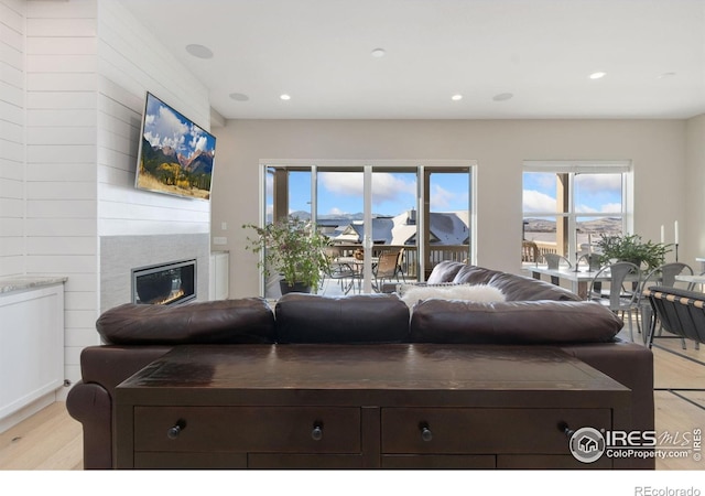 3351 Heron Lakes Pkwy, Berthoud, CO 80513 - living room featuring recessed lighting, a glass covered fireplace, and light wood-style flooring