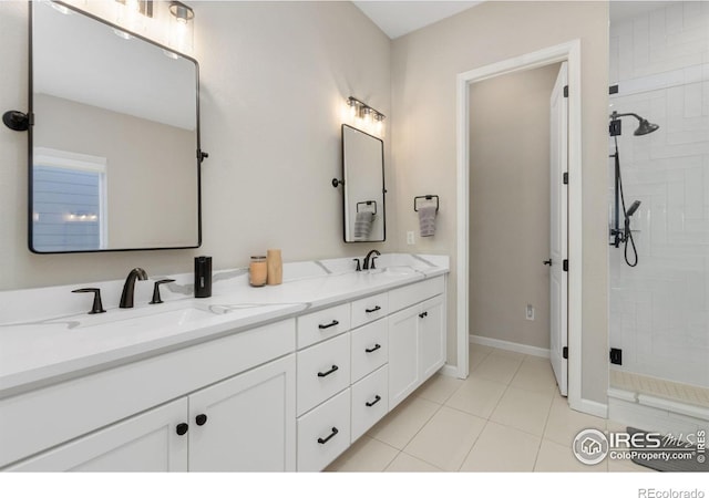 3351 Heron Lakes Pkwy, Berthoud, CO 80513 - full bath featuring double vanity, tile patterned floors, a stall shower, and a sink