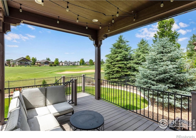 6297 Crooked Stick Dr, Windsor, CO 80550 - deck with an outdoor living space, golf course view, and a residential view