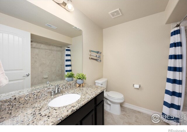 2433 Tabor St, Berthoud, CO 80513 - bathroom with vanity, baseboards, toilet, and curtained shower