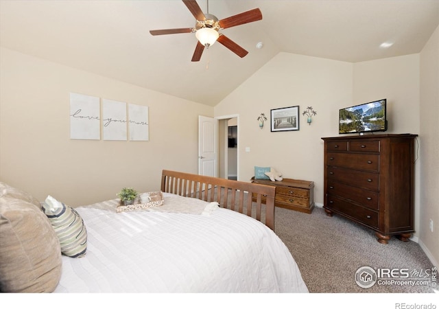 2433 Tabor St, Berthoud, CO 80513 - bedroom featuring vaulted ceiling, carpet floors, baseboards, and a ceiling fan
