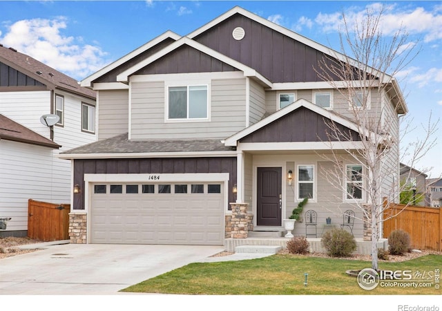 1484 Moraine Valley Dr, Severance, CO 80550 - craftsman-style house featuring fence, an attached garage, a shingled roof, board and batten siding, and concrete driveway