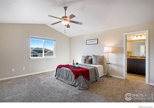 1484 Moraine Valley Dr, Severance, CO 80550 - bedroom with carpet flooring, ensuite bath, a ceiling fan, baseboards, and lofted ceiling