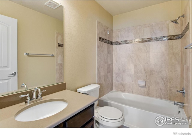 1484 Moraine Valley Dr, Severance, CO 80550 - full bath featuring a textured wall, vanity, shower / bathtub combination, toilet, and visible vents