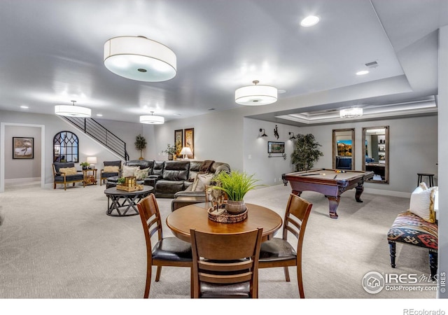 dining space with recessed lighting, visible vents, light carpet, pool table, and baseboards