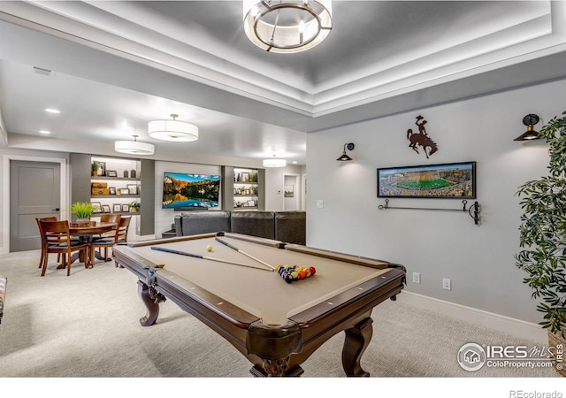 game room with recessed lighting, billiards, a raised ceiling, baseboards, and carpet flooring