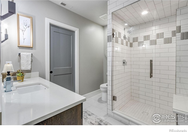 bathroom featuring a shower stall, marble finish floor, visible vents, toilet, and vanity