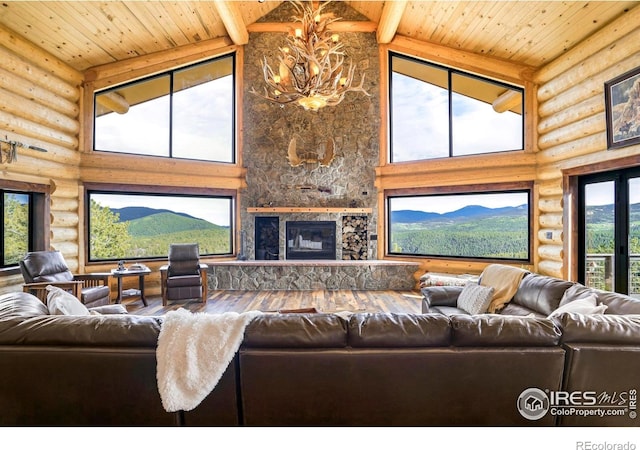 4 Dill Pickle Pl, Black Hawk, CO 80422 - living area with rustic walls, high vaulted ceiling, wooden ceiling, and a fireplace