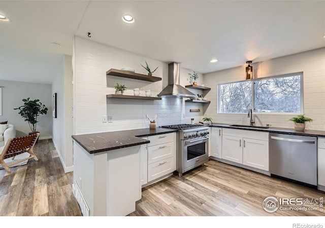 kitchen with open shelves, wall chimney range hood, a sink, tasteful backsplash, and appliances with stainless steel finishes