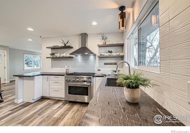 kitchen with high end stainless steel range, a sink, tasteful backsplash, wall chimney range hood, and open shelves