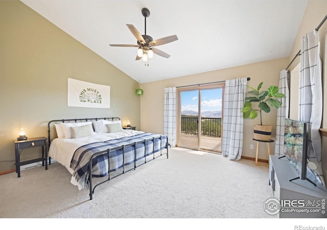 810 Manhead Mountain Dr, Livermore, CO 80536 - carpeted bedroom with access to exterior, baseboards, ceiling fan, and high vaulted ceiling