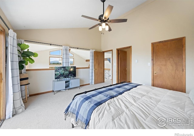 810 Manhead Mountain Dr, Livermore, CO 80536 - bedroom with carpet, baseboards, a ceiling fan, and high vaulted ceiling