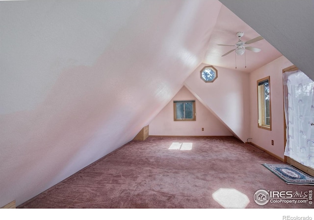 147 Cedar Dr, Lyons, CO 80540 - bonus room with carpet, ceiling fan, lofted ceiling, and baseboards
