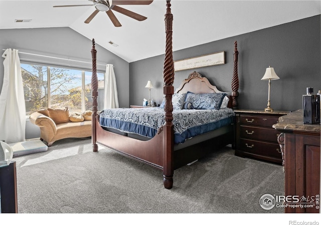 338 Mt Wilson St, Brighton, CO 80601 - bedroom featuring dark colored carpet, lofted ceiling, and a ceiling fan