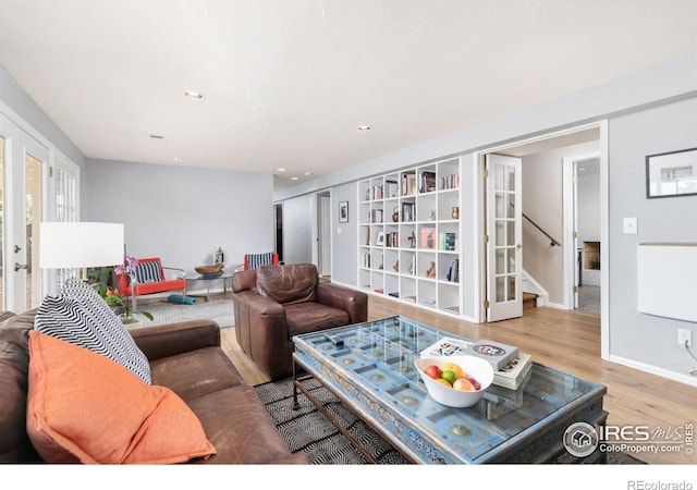 1247 Westview Dr, Boulder, CO 80303 - living room with stairway, baseboards, recessed lighting, and wood finished floors