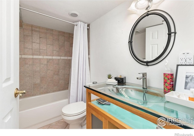 1247 Westview Dr, Boulder, CO 80303 - full bathroom with vanity, tile patterned flooring, toilet, and shower / tub combo with curtain