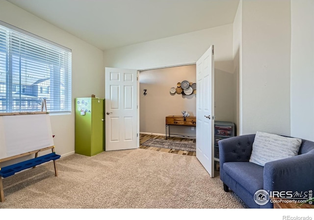 living area with carpet floors and baseboards