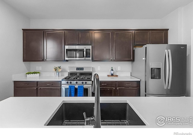 kitchen featuring dark brown cabinets, stainless steel appliances, light countertops, and a sink