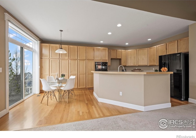 3122 Notabon Ct, Lafayette, CO 80026 - kitchen featuring recessed lighting, light brown cabinets, freestanding refrigerator, and light wood-type flooring