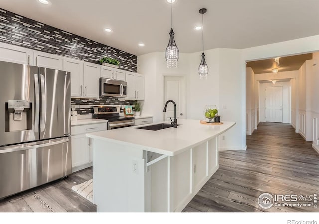 6021 Sandstone Cir, Erie, CO 80516 - kitchen with appliances with stainless steel finishes, tasteful backsplash, a sink, and light wood-style floors