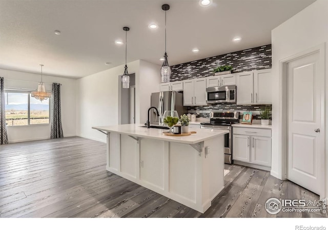 6021 Sandstone Cir, Erie, CO 80516 - kitchen with a kitchen island with sink, light wood-style floors, backsplash, light countertops, and appliances with stainless steel finishes