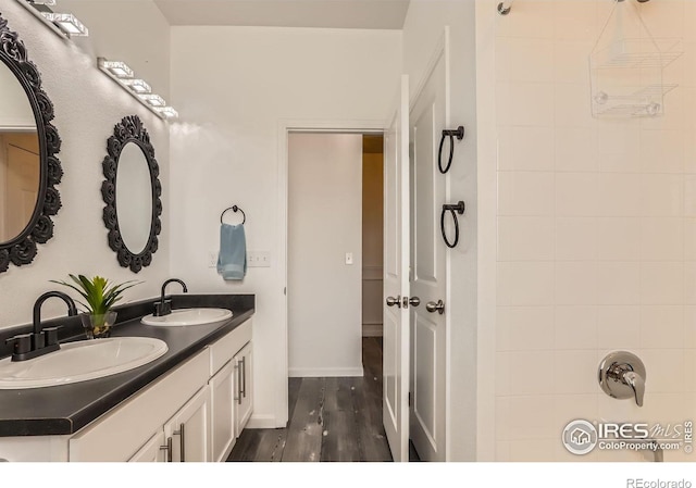 6021 Sandstone Cir, Erie, CO 80516 - bathroom with baseboards, wood finished floors, a sink, and double vanity