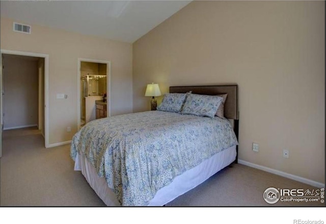 bedroom featuring baseboards, light carpet, lofted ceiling, and visible vents