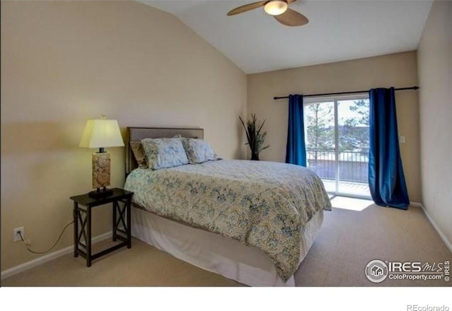 carpeted bedroom with baseboards, ceiling fan, vaulted ceiling, and access to exterior