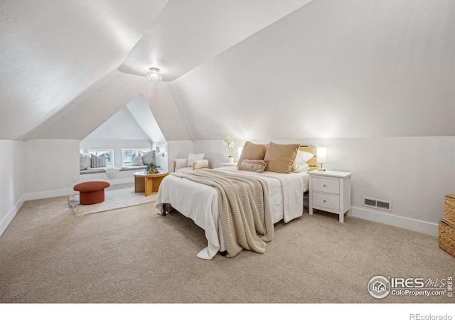 3059 N York St, Denver, CO 80205 - carpeted bedroom with baseboards, lofted ceiling, and visible vents