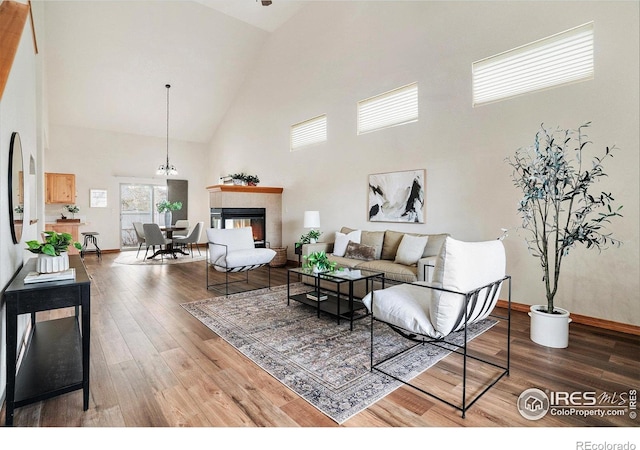 9040 Painted Horse Ln, Wellington, CO 80549 - living room featuring high vaulted ceiling, baseboards, wood finished floors, and a multi sided fireplace