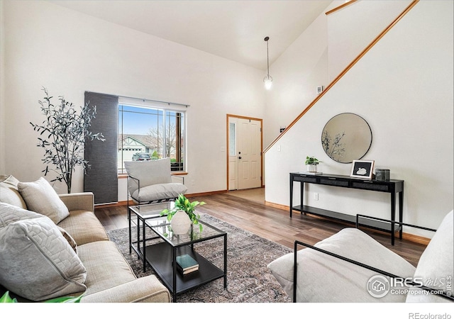 9040 Painted Horse Ln, Wellington, CO 80549 - living area featuring a towering ceiling, wood finished floors, and baseboards