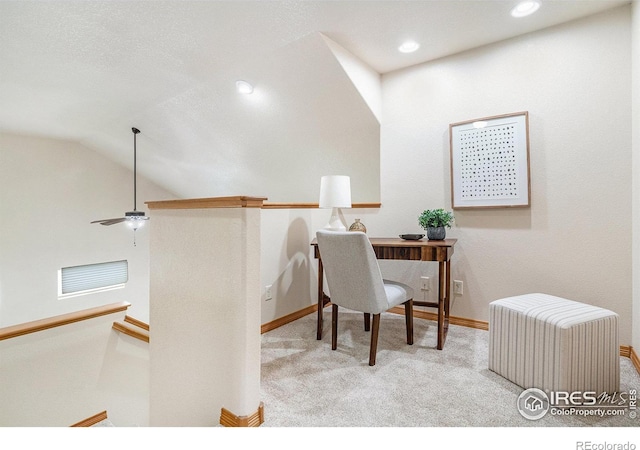9040 Painted Horse Ln, Wellington, CO 80549 - carpeted office space with baseboards, recessed lighting, visible vents, lofted ceiling, and ceiling fan