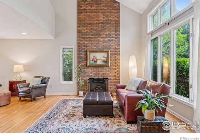 5285 Gallatin Pl, Boulder, CO 80303 - living area featuring baseboards, a fireplace, wood finished floors, and high vaulted ceiling