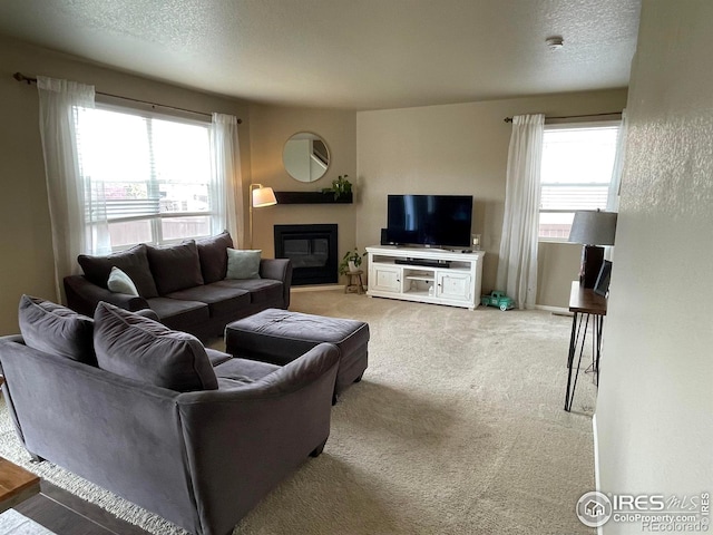 living area with a glass covered fireplace, light carpet, and a wealth of natural light