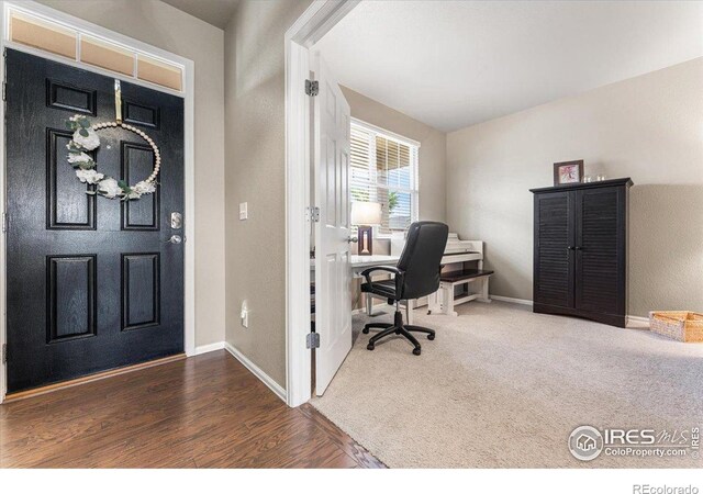 6747 Grainery Rd, Timnath, CO 80547 - office area featuring baseboards and wood finished floors